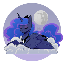 Size: 2894x2894 | Tagged: safe, artist:jellysketch, derpibooru import, princess luna, alicorn, pony, g4, cloud, crown, eyes closed, jewelry, mare in the moon, moon, on a cloud, regalia, solo