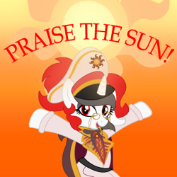 Size: 320x320 | Tagged: safe, artist:gusty boy, derpibooru import, princess celestia, oc, oc:red rocket, equestria at war mod, clothes, collar, glasses, gradient background, hat, looking at you, necktie, peaked cap, praise the sun, solar empire, uniform