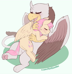 Size: 5166x5250 | Tagged: safe, alternate version, artist:porldraws, derpibooru import, fluttershy, oc, oc:haywood, griffon, pegasus, pony, g4, art trade, blushing, butt, canon x oc, cuddling, duo, duo male and female, eyes closed, female, flutterbutt, green background, griffon oc, hips, hooves, hug, male, mare, open mouth, open smile, partially open wings, paw pads, paws, plot, shipping, simple background, smiling, straight, tail, toe beans, underpaw, wings