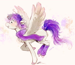 Size: 1646x1414 | Tagged: oc name needed, safe, artist:lutraviolet, derpibooru import, oc, oc only, mouse, pegasus, pony, abstract background, blank flank, blushing, bow, butt fluff, chest fluff, clothes, colored hooves, colored wings, commission, ear fluff, ear piercing, earring, ears, emotional support animal, eyelashes, feathered wings, female, female oc, gradient mane, gradient tail, gradient wings, gradient wingtips, hatching (technique), hooves, jewelry, jumping, leg fluff, leg warmers, looking at someone, mare, mare oc, no catchlights, no pupils, piercing, ponysona, profile, purple bow, purple hooves, purple mane, purple scarf, purple tail, raised hoof, raised leg, scarf, shaggy mane, shiny hooves, short mane, smiling, solo, spread wings, standing, standing on one leg, tail, tail accessory, tail bow, tied tail, unshorn fetlocks, white coat, wing fluff, wings