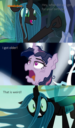 Size: 800x1350 | Tagged: safe, derpibooru import, edit, edited screencap, screencap, mean twilight sparkle, queen chrysalis, alicorn, changeling, changeling queen, pony, g4, season 6, season 8, the mean 6, to where and back again, what lies beneath, 3 panel comic, adorkable, asdfmovie, asdfmovie7, black body, comic, cute, disguise, disguised changeling, dork, duo, duo female, fangs, female, former queen chrysalis, frown, green eyes, green sclera, gritted teeth, mare, multicolored hair, multicolored mane, nickelodeon, nickelodeon logo, nightmare cave, oh crap face, open frown, open mouth, open smile, purple coat, purple eyes, purple fur, purple hair, purple mane, queen chrysellus, raised hoof, raised leg, screencap comic, shocked, shocked expression, slit eyes, smiling, striped hair, striped mane, teal hair, teal mane, teeth, text, three toned hair, three toned mane, wall of tags, wide eyes, you know for kids, you ruined everything