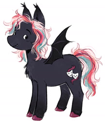 Size: 1330x1537 | Tagged: safe, artist:lutraviolet, derpibooru import, oc, oc only, bat pony, pony, bat pony oc, black coat, chest fluff, coat markings, colored eartips, colored hooves, colored wings, curly hair, curly mane, curly tail, cute, cute little fangs, ear tufts, eyelashes, fangs, fluffy mane, gradient ears, gradient legs, hooves, looking back, no catchlights, no pupils, ponysona, red hooves, shiny hooves, simple background, small wings, smiling, socks (coat marking), solo, spread wings, standing, tail, three quarter view, three toned mane, three toned tail, two toned wings, unshorn fetlocks, wavy mane, wavy tail, white background, wings