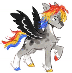 Size: 1464x1499 | Tagged: safe, artist:lutraviolet, derpibooru import, oc, oc only, pegasus, pony, black wings, blaze (coat marking), body freckles, chest fluff, coat markings, colored fetlocks, colored hooves, colored wings, dappled, eye markings, eyelashes, facial markings, fetlock tuft, flowing mane, flowing tail, freckles, gray coat, hatching (technique), hooves, leg markings, lidded eyes, mismatched hooves, multicolored hooves, no catchlights, no pupils, pegasus oc, ponysona, profile, raised hoof, raised leg, shaggy mane, shiny hooves, shiny mane, shiny tail, simple background, socks (coat marking), solo, spread wings, standing on three hooves, striped wings, tail, three toned mane, three toned tail, three toned wings, torn ear, white background, wing markings, wing stripes, wings