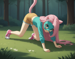 Size: 2048x1623 | Tagged: safe, ai content, derpibooru import, generator:stable diffusion, machine learning generated, fluttershy, cat, human, equestria girls, g4, angry, cat ears, cat tail, face mask, fake ears, fake tail, forest, looking at you, mask, nature, outdoors, prompter:kimberlite, quadrober, tail, tree