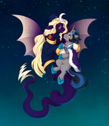 Size: 2000x2309 | Tagged: safe, artist:birdoffnorth, derpibooru import, king sombra, oc, original species, pony, unicorn, canon x oc, duo, duo male and female, fangs, female, flying, glasses, good king sombra, high res, holding a pony, horn, lidded eyes, looking at each other, looking at someone, male, outdoors, round glasses, smiling, smiling at each other, spread wings, stallion, starry night, straight, wings