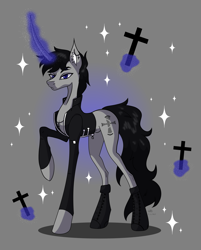 Size: 2635x3270 | Tagged: artist needed, safe, derpibooru import, oc, oc only, oc:black cross, pony, unicorn, boots, clothes, curved horn, glowing, glowing horn, horn, jacket, lanky, long horn, long legs, male, nudity, sheath, shoes, signature, skinny, solo, stallion, sternocleidomastoid, tall, thin