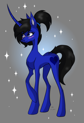 Size: 1820x2668 | Tagged: artist needed, safe, derpibooru import, oc, oc only, oc:midnight sapphirus, pony, unicorn, blushing, concave belly, curved horn, female, horn, long horn, long legs, mare, signature, slender, solo, sternocleidomastoid, tall, thin