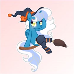 Size: 6890x6890 | Tagged: safe, artist:riofluttershy, derpibooru import, oc, oc only, oc:fleurbelle, alicorn, pony, alicorn oc, blushing, bow, broom, clothes, female, flying, flying broomstick, golden eyes, gradient background, hat, horn, mare, nightmare night, socks, solo, tail, two toned hair, two toned mane, two toned tail, wings, witch hat