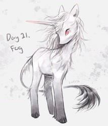 Size: 933x1090 | Tagged: safe, artist:lutraviolet, derpibooru import, oc, oc only, oc:fog, pony, unicorn, abstract background, ambiguous gender, blank flank, chest fluff, cloven hooves, coat markings, colored hooves, colored horn, eyelashes, flowing mane, gradient horn, gradient legs, gray hooves, gray tail, gray text, hatching (technique), head turn, hock fluff, hooves, horn, long horn, long tail, no mouth, ponytober, ponytober 2024, profile, red eyes, shiny hooves, shiny tail, signature, silver tail, socks (coat marking), standing, tail, tail fluff, thin tail, unicorn horn, unicorn oc, white coat, white mane, white pupils, white tail, wide eyes