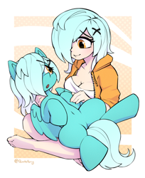 Size: 2610x3200 | Tagged: safe, artist:quotepony, derpibooru import, oc, oc only, oc:ellipsis, human, pegasus, pony, :o, belly, belly button, breasts, hand, holding hands, imminent belly rub, lying down, on back, open mouth, passepartout, sitting, sitting on lap, wings