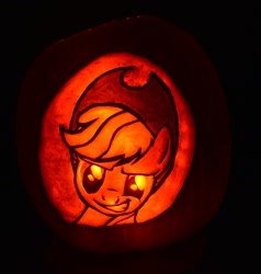 Size: 1470x1546 | Tagged: safe, artist:archiveit1, derpibooru import, applejack, pony, bust, female, glowing, halloween, holiday, jack-o-lantern, mare, portrait, pumpkin, pumpkin carving, smiling, smirk, solo