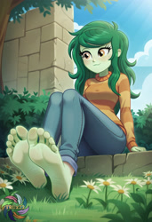 Size: 2496x3648 | Tagged: safe, ai content, derpibooru import, machine learning generated, wallflower blush, human, equestria girls, g4, barefoot, feet, fetish, flower, foot fetish, foot focus, generator:civitai, grass, outdoors, prompter:trux23, sitting, soles, solo, toes