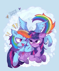 Size: 1064x1280 | Tagged: safe, artist:shanezmrd, derpibooru import, rainbow dash, twilight sparkle, pegasus, pony, blushing, cross-popping veins, cute, cute little fangs, duo, ears, emanata, fangs, female, floppy ears, lesbian, mare, one eye closed, outdoors, shipping, signature, twidash, wink