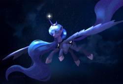 Size: 7283x4993 | Tagged: safe, artist:podpivk0, derpibooru import, princess luna, alicorn, pony, absurd resolution, ethereal mane, ethereal tail, eyes closed, female, flying, mare, night, sky, solo, stars, tail