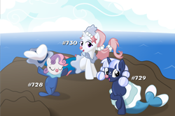 Size: 9000x6000 | Tagged: safe, artist:cranberry-tofu, derpibooru import, sweetie belle, oc, oc:silverlay, oc:whisper call, pony, g4, absurd resolution, brionne, clothes, costume, nightmare night costume, ocean, outdoors, pokémon, popplio, primarina, water