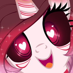 Size: 2598x2598 | Tagged: safe, artist:alicedamegalodon, artist:drpancakees, artist:lovebuggo_, derpibooru import, edit, oc, oc only, oc:scarlet comet, alicorn, pony, g4, close-up, female, g4 style, heart, heart eyes, hi anon, looking at you, mare, meme, open mouth, open smile, red eyes, smiling, stare, staring at you, staring into your soul, two toned mane, vector, vector edit, wingding eyes