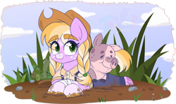 Size: 2249x1341 | Tagged: safe, artist:toodaioo, derpibooru import, oc, oc only, oc:comet trail, oc:pignelope, earth pony, pig, pony, clothes, coat markings, cowboy hat, duo, eye clipping through hair, eyebrows, eyebrows visible through hair, facial markings, female, filly, foal, freckles, hat, lying down, mud, muddy hooves, offspring, outdoors, overalls, parent:big macintosh, parent:twilight sparkle, parents:twimac, pet oc, pigtails, prone, snip (coat marking), star (coat marking), watermark