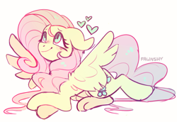 Size: 1337x920 | Tagged: safe, artist:_fawnshy, artist:fawnshy, derpibooru import, fluttershy, pegasus, pony, g4, female, heart, lying down, mare, smiling, solo, spread wings, wings