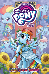 Size: 1400x2125 | Tagged: safe, artist:brenda hickey, derpibooru import, idw, rainbow dash, crystal pony, human, pegasus, pony, seapony (g4), series:best of my little pony, equestria girls, g4, best pony, blank flank, clothes, comic, comic cover, cover, cover art, crystallized, dashstorm, dorsal fin, eyes closed, female, filly, filly rainbow dash, fin, fin wings, fins, fish tail, flower, flowing mane, flowing tail, foal, folded wings, high res, mare, multeity, my little pony logo, official, official comic, older, older rainbow dash, open mouth, open smile, rainbow dash always dresses in style, rainbow dash is best facemaker, rainbow power, rainbow power-ified, scales, seaponified, seapony rainbow dash, smiling, solo, species swap, spread wings, sunflower, swimming, tail, toga, wings, younger