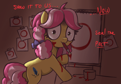 Size: 3000x2100 | Tagged: safe, artist:t72b, derpibooru import, kettle corn, earth pony, pony, g4, bow, butt, circle, circle painting, crazy face, faic, female, filly, foal, hair bow, indoors, mouth hold, paint, paintbrush, painting, plot, shrunken pupils