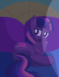 Size: 1480x1920 | Tagged: safe, artist:theponytickler, derpibooru import, twilight sparkle, pony, g4, bed, butt, female, lidded eyes, lying down, mare, night, on bed, on side, open mouth, plot, solo, tail, underhoof