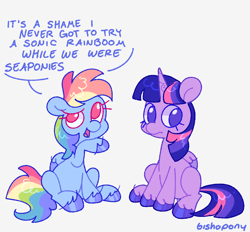 Size: 2156x2000 | Tagged: safe, artist:bishopony, derpibooru import, part of a set, rainbow dash, twilight sparkle, twilight sparkle (alicorn), alicorn, pegasus, pony, g4, colored wings, comic, dialogue, duo, duo female, female, frown, high res, hooves, looking away, looking up, mare, no pupils, open mouth, raised eyebrow, shiny hooves, signature, simple background, sitting, speech bubble, thinking, unshorn fetlocks, white background, wings