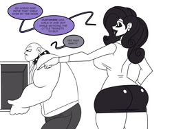 Size: 1800x1350 | Tagged: safe, artist:chillguydraws, artist:thicc-verse, derpibooru import, fido, rarity, human, g4, ass, black and white, breasts, butt, collar, dialogue, duo, duo male and female, female, grayscale, humanized, large butt, male, monochrome, partial color, pointing, raritits, rearity, sideboob, simple background, speech bubble, white background