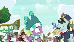 Size: 1280x720 | Tagged: safe, derpibooru import, screencap, heartfelt song, rarity, spike, dragon, earth pony, pony, unicorn, g4, budding pine, clothes, female, horn, male, my little pony best gift ever, outdoors, ponyville, scarf, snow, statue, striped scarf, top notch, winged spike, wings