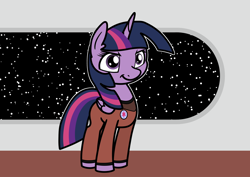 Size: 2048x1448 | Tagged: safe, artist:ewoudcponies, derpibooru import, twilight sparkle, twilight sparkle (alicorn), alicorn, pony, g4, clothes, female, mare, smiling, solo, space, spaceship, uniform, window