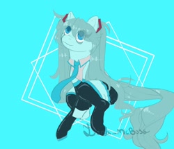 Size: 2048x1763 | Tagged: safe, alternate version, artist:luna_mcboss, derpibooru import, earth pony, pony, bangs, blue background, blue coat, blue eyelashes, blue eyes, blue mane, boots, clothes, collared shirt, colored eyelashes, detached sleeves, hair tie, hatsune miku, long mane, long tail, looking up, necktie, pigtails, ponified, shirt, shoes, simple background, sitting, skirt, species swap, square, tail, thigh boots, twintails, vocaloid