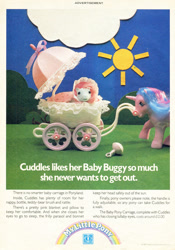 Size: 664x949 | Tagged: safe, derpibooru import, baby cuddles, buttons (g1), earth pony, pony, unicorn, g1, 1987, advertisement, baby, baby carriage, baby pony, blanket, bonnet, cloud, duo, duo female, female, filly, foal, horn, mare, my little pony logo, my little pony vol. 1, my little pony vol. 1 #78, official comic, outdoors, parasol (umbrella), photo, rattle, sun, text, toy