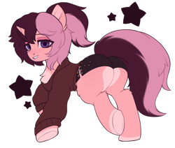 Size: 2240x1898 | Tagged: safe, artist:alunedoodle, derpibooru import, oc, oc only, pony, unicorn, butt, clothes, female, horn, looking at you, mare, plot, ponytail, shorts, simple background, smiling, smiling at you, solo, sweater, tail, transparent background, two toned mane, two toned tail