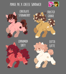 Size: 2767x3091 | Tagged: safe, artist:nkukubean, derpibooru import, cheese sandwich, pinkie pie, oc, oc:chocolate strawberry, oc:cinnamon taffy, oc:frosted cookie, oc:lotta latte, earth pony, pony, g4, cheek fluff, chest fluff, ear fluff, ears, female, freckles, glasses, gray background, heart, heart eyes, male, mare, nose piercing, nose ring, offspring, parent:cheese sandwich, parent:pinkie pie, parents:cheesepie, piercing, screencap reference, siblings, simple background, stallion, unshorn fetlocks, wingding eyes