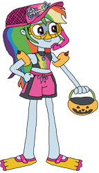 Size: 1941x3405 | Tagged: safe, derpibooru import, rainbow dash, better together, equestria girls, forgotten friendship, g4, clothes, equestria girls specials, flippers, goggles, halloween, hat, holiday, pumpkin bucket, simple background, snorkel, sunglasses, swim mask, swimsuit, transparent background, trick or treat, water wings