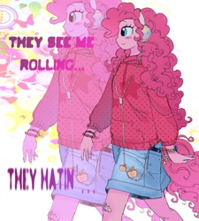 Size: 1800x2000 | Tagged: safe, artist:dulcesilly, derpibooru import, pinkie pie, human, equestria girls, g4, abstract background, blush sticker, blushing, clothes, female, headphones, jacket, profile, shorts, solo, text, walking, zoom layer