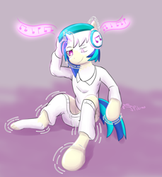 Size: 1560x1700 | Tagged: safe, artist:jack-pilcrow, derpibooru import, dj pon-3, vinyl scratch, human, pony, unicorn, g4, headphones, horn, human to pony, music notes, sitting, solo, species swap, transformation