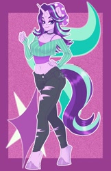 Size: 1650x2550 | Tagged: safe, artist:inkkeystudios, derpibooru import, starlight glimmer, anthro, unguligrade anthro, unicorn, g4, beanie, clothes, cutie mark background, denim, female, hat, horn, jeans, pants, passepartout, ponytober, ripped jeans, ripped pants, solo, torn clothes