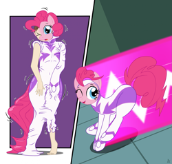 Size: 1967x1873 | Tagged: safe, artist:redpaladin, derpibooru import, fili-second, pinkie pie, earth pony, human, pony, g4, human to pony, living clothes, living suit, species swap, transformation