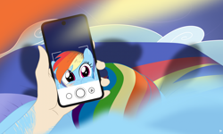 Size: 2478x1487 | Tagged: safe, artist:redpaladin, derpibooru import, rainbow dash, human, pegasus, pony, cellphone, human to pony, lying down, offscreen character, on back, phone, pov, selfie, smartphone, solo, species swap, transformation