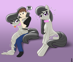 Size: 2073x1777 | Tagged: safe, artist:redpaladin, derpibooru import, octavia melody, earth pony, human, pony, g4, bondage, emanata, encasement, exclamation point, gradient background, human to pony, living clothes, living suit, one eye closed, ponysuit, sitting, species swap, tongue, tongue out, transformation