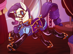 Size: 1500x1100 | Tagged: safe, artist:twoshoesmcgee, derpibooru import, rarity, pony, unicorn, g4, bit gag, blinders, bridle, clothes, female, frog (hoof), gag, horn, horseshoes, indoors, latex, lead, pony play, rubber, saddle, shiny, solo, sparkles, tack, underhoof