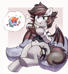 Size: 2678x2923 | Tagged: safe, artist:pabbley, derpibooru import, oc, oc only, oc:news flash, bat pony, pony, clothes, female, mare, passepartout, plump, spread wings, wings, writing