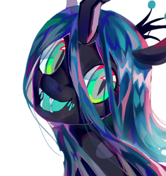 Size: 2268x2416 | Tagged: safe, artist:shiqiuzhu, derpibooru import, queen chrysalis, changeling, changeling queen, pony, g4, bust, crown, fangs, female, jewelry, mare, regalia, simple background, smiling, solo, white background