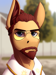 Size: 2000x2692 | Tagged: safe, artist:twotail813, derpibooru import, oc, oc only, oc:fiery brimstone, pony, equestria at war mod, beard, bust, clothes, facial hair, far cry, far cry 5, glasses, joseph seed, male, moustache, outdoors, portrait, princess celestia's cutie mark, solo, stallion