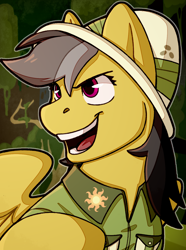 Size: 1040x1400 | Tagged: safe, artist:bunnyshrubby, derpibooru import, daring do, pegasus, pony, equestria at war mod, g4, bust, clothes, daring dorable, female, feminism, gold coat, hat, magenta eyes, mare, open mouth, pith helmet, portrait, princess celestia's cutie mark, shirt, smiling, smirk, solo, wings