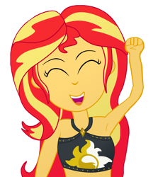 Size: 2283x2648 | Tagged: safe, anonymous artist, derpibooru import, sunset shimmer, equestria girls, g4, 2023, anonymous editor, armpits, arms in the air, bikini, cheering, clothes, eyes closed, female, fist, fist pump, hands in the air, open mouth, simple background, solo, swimsuit, white background