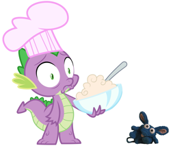 Size: 1403x1210 | Tagged: safe, anonymous artist, artist:thorinair, derpibooru import, edit, spike, dragon, g4, just for sidekicks, season 3, 2023, anonymous editor, chef's hat, crisp rat, hat, male, shocked, shocked expression, simple background, surprised, white background, wide eyes, wingless spike