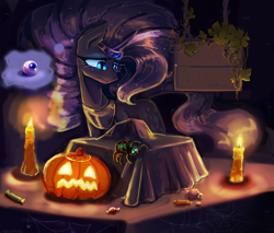 Size: 4700x4000 | Tagged: safe, artist:anastas, derpibooru import, part of a set, nightmare rarity, pony, spider, unicorn, series:ask nightmare rarity, g4, ask, candle, candlelight, candy, detailed background, ethereal mane, eyelashes, eyeshadow, female, flowing mane, food, halloween, holiday, horn, indoors, jewelry, makeup, mare, mlp art ask (ru), nightmare night, nightmarified, pumpkin, regalia, slit eyes, solo, spider web, starry mane, starry tail, tail