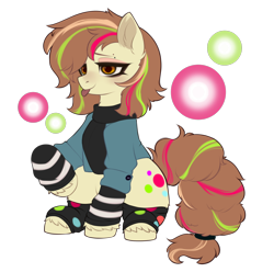 Size: 2124x2104 | Tagged: safe, artist:alunedoodle, derpibooru import, oc, oc only, earth pony, pony, clothes, female, jacket, piercing, raised hoof, raised leg, shirt, simple background, sitting, socks, solo, tongue, tongue out, transparent background