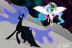 Size: 5600x3700 | Tagged: safe, artist:naret_web, derpibooru import, nightmare moon, princess celestia, alicorn, g4, banishment, blood, crying, element of generosity, element of honesty, element of kindness, element of laughter, element of loyalty, element of magic, elements of harmony, missing accessory, mlp fim's fourteenth anniversary, moon, planet, scene interpretation, space, stars